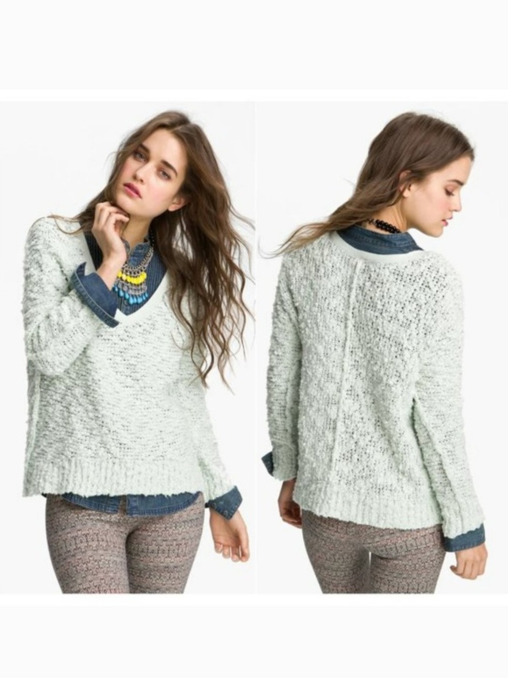 Free People Songbird Boucle V-Neck Slouchy Sweater — Sz XS/Small